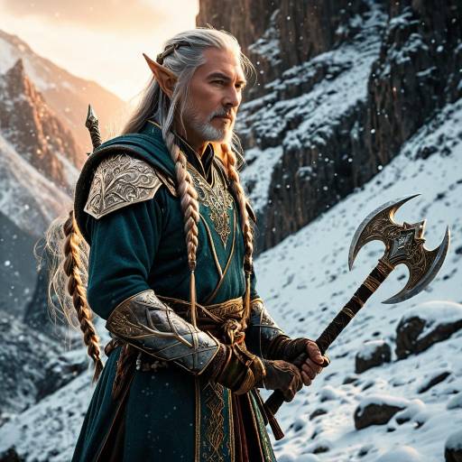 Elderly Elven Warrior with Ornate Battle Axe in Snowy Mountain Pass