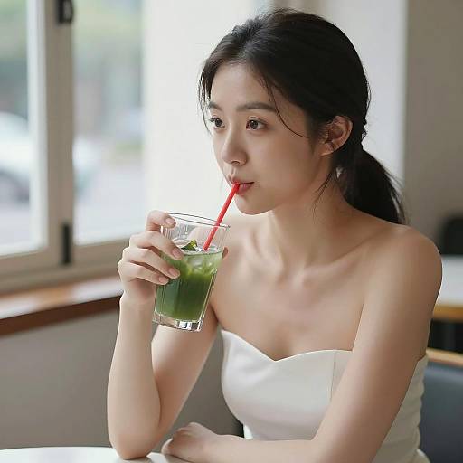 Asian Woman Drinking Green Beverage