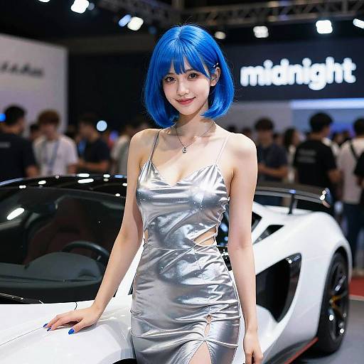 Photograph of an Asian woman with vibrant blue bob hair, wearing a shiny silver dress, standing beside a white sports car at a busy automotive exhibition.