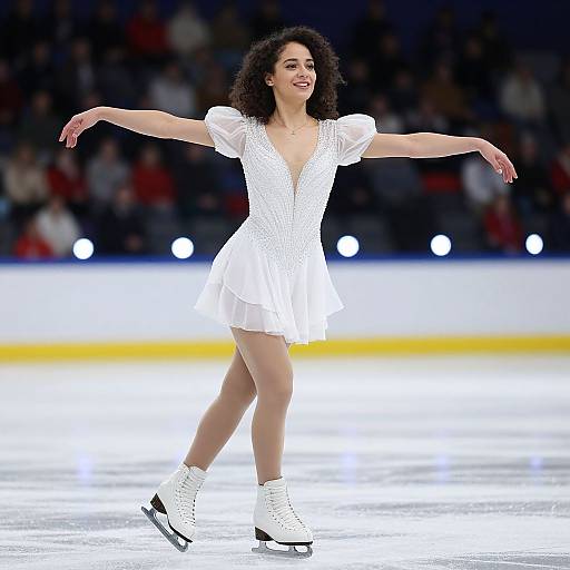 Photograph of a smiling, curly-haired woman in a white, sparkling, short-sleeve dress skating on ice with arms outstretched, wearing