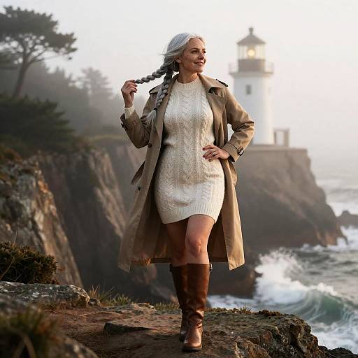 Confident Woman at Foggy Lighthouse Dawn