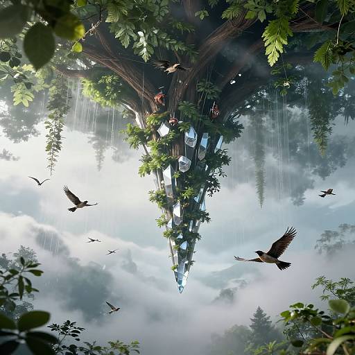 Digital fantasy artwork of a towering, leafy treehouse with birds flying, surrounded by misty forest and bright, cloudy sky.