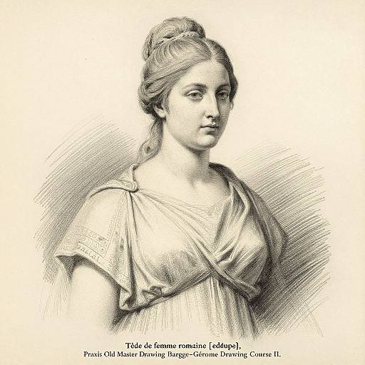 Black and white pencil drawing of a young woman with light hair in a bun, wearing a draped classical gown, titled 