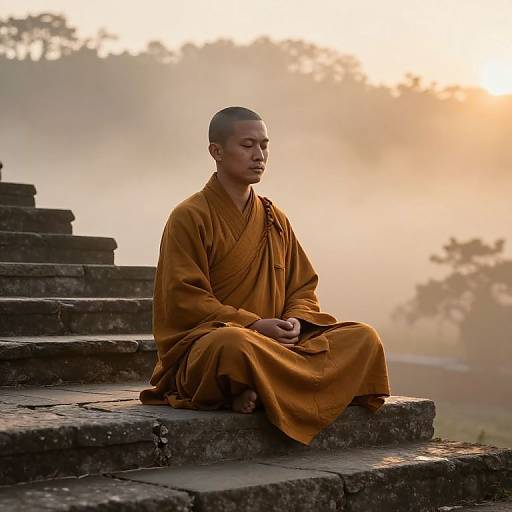 Contemplative Monk Meditating at Sunrise