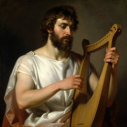 Photorealistic painting of a bearded, curly-haired man in a white toga, playing a wooden harp against a dark background.