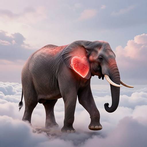 Photorealistic digital artwork of a majestic, gray elephant with glowing red heart-shaped light on its right ear, standing on fluffy white clouds against a past