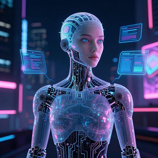 CGI image of a glowing, futuristic female android with blue neon circuits, translucent breasts, and blue holographic interfaces against a neon-lit cityscape