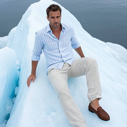 Photograph of a handsome, dark-haired man in a white-striped shirt and beige pants, sitting on a large ice floe, wearing brown loafers