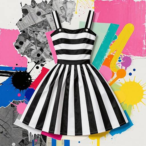 Black and white striped dress with shoulder straps, set against vibrant abstract splashes of pink, yellow, blue, and black.