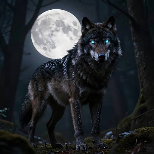 Majestic Black Wolf Under Full Moon