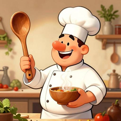 Cartoon chef with red nose, white uniform, and hat, smiling, holding wooden spoon and bowl of soup in a cozy kitchen.