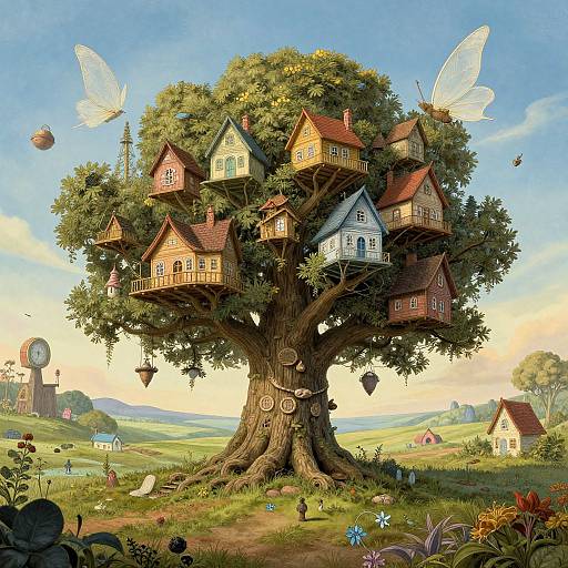 Whimsical digital painting of a giant tree with fairy-tale houses, surrounded by vibrant flowers, butterflies, and a serene countryside.