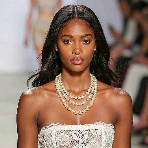 Elegant Woman Wearing Pearl Necklace on Runway