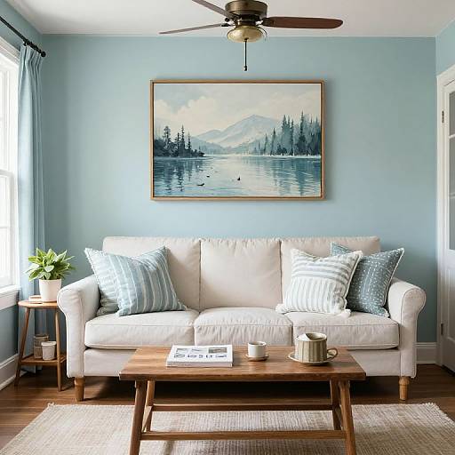 Photograph of a cozy living room with a white sofa, blue-striped pillows, wooden coffee table, framed lake landscape, potted plant, and ceiling