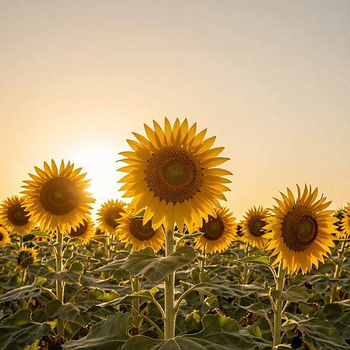 Photograph of sunflowers at sunset, vibrant yellow petals, green leaves, sun low in sky, golden light, field of sunflowers.