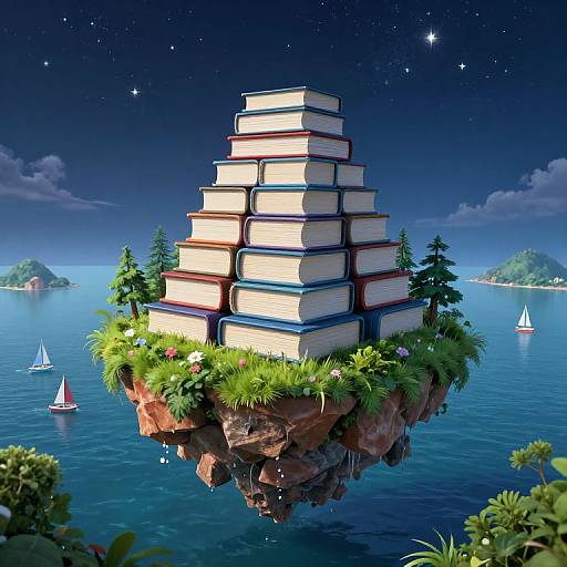 Fantastical CGI image of a floating island covered in grass and books, stacked in a pyramid shape, surrounded by a starry night sky, calm