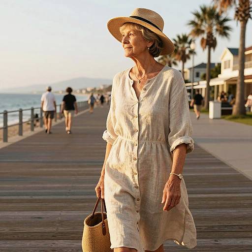 Photograph of an elderly woman in a beige dress and straw hat, walking on a sunlit, palm-lined boardwalk by the sea.
