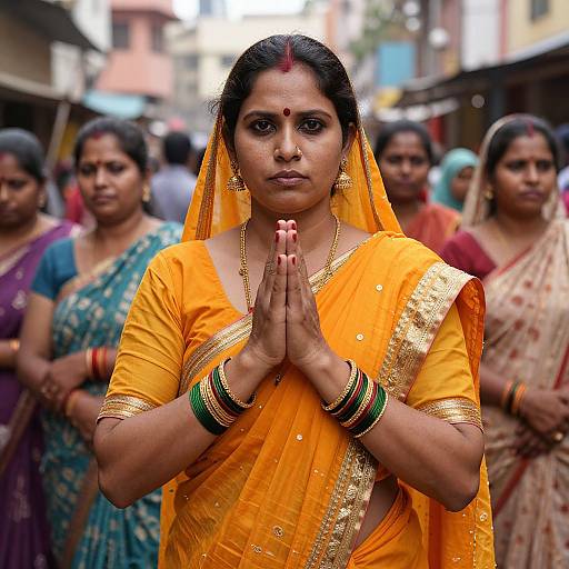 Photograph of an Indian woman in an orange saree with gold trim, hands in prayer, surrounded by other women in traditional attire, standing in a