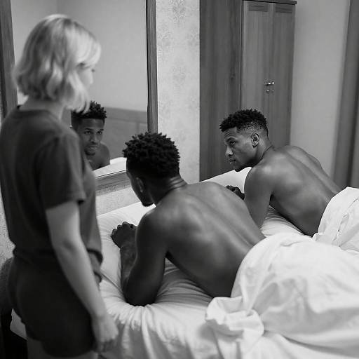 Black-and-White Bedroom: Woman Observes Two Men