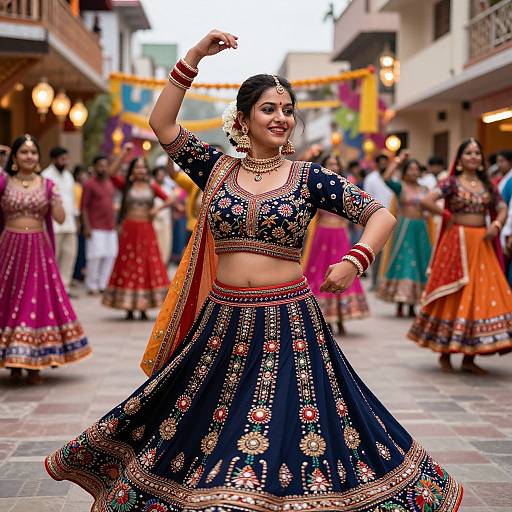 Photograph of a smiling Indian woman in a navy blue, gold-embroidered traditional lehenga, dancing in a colorful, festive street parade.