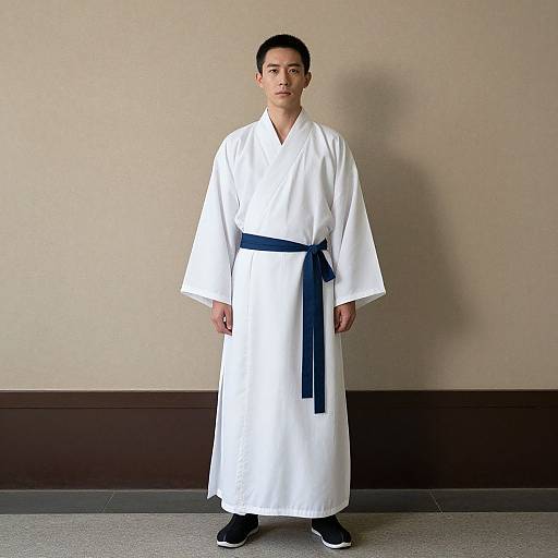 Photograph of an East Asian man with short black hair, wearing a white karate gi with a blue belt, standing in front of a beige wall