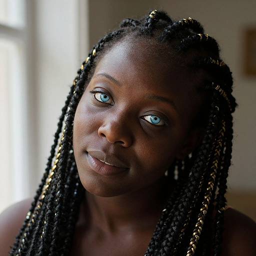 Photograph of a dark-skinned woman with striking blue eyes, wearing her black braided hair with gold accents, looking directly at the camera in soft