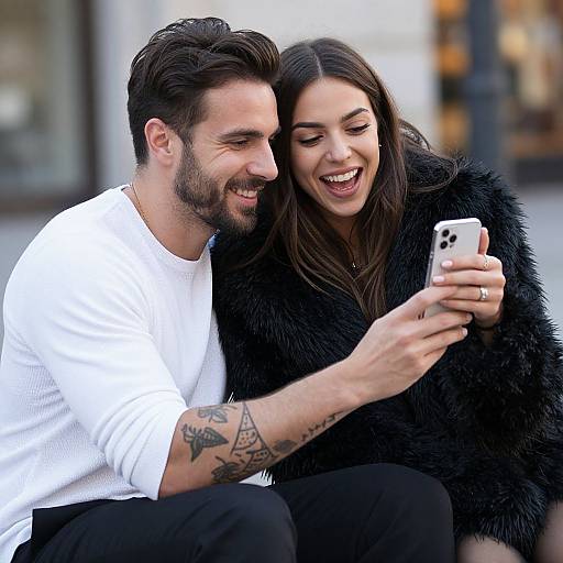 Photograph of a smiling bearded man in a white shirt and tattooed arm, and a woman in a black fur coat, both looking at a