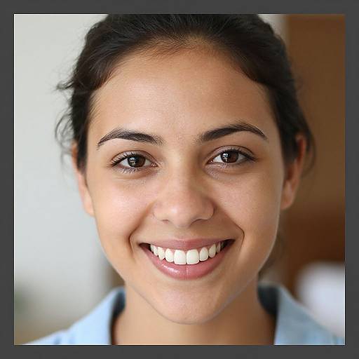 Close-up photograph of a smiling young woman with dark hair, brown eyes, and light brown skin, wearing a light blue shirt. Background is blurred.