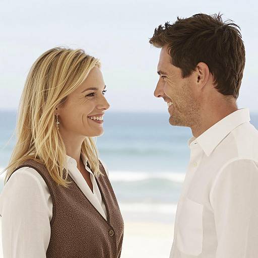 Smiling Couple Facing Each Other at Beach