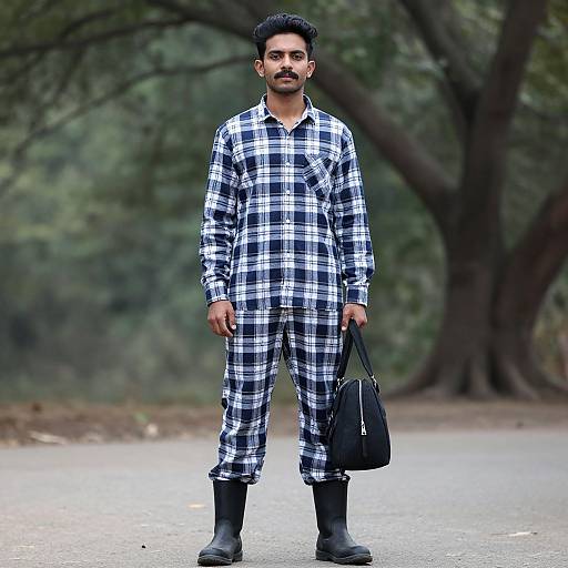 Photograph of a man with dark skin, short black hair, and mustache, wearing a black-and-white plaid jumpsuit, black boots,