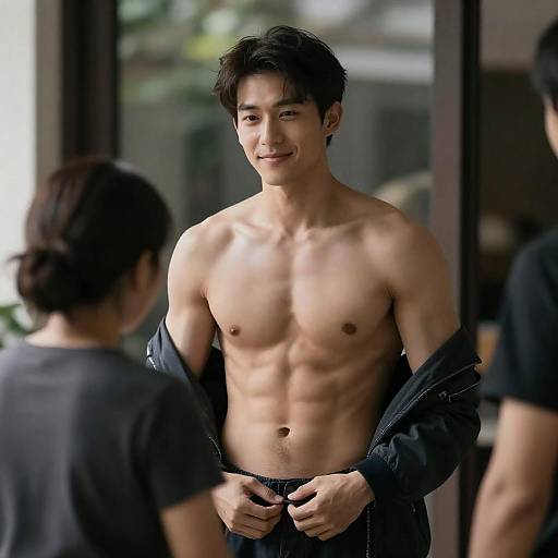 Shirtless Muscular Man with Dark Jacket