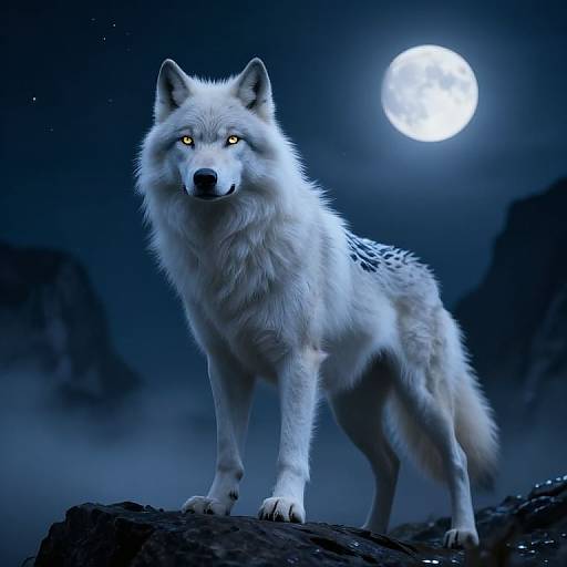 Digital artwork of a white wolf with glowing yellow eyes standing on a rocky ledge under a full moon in a dark, misty night sky.
