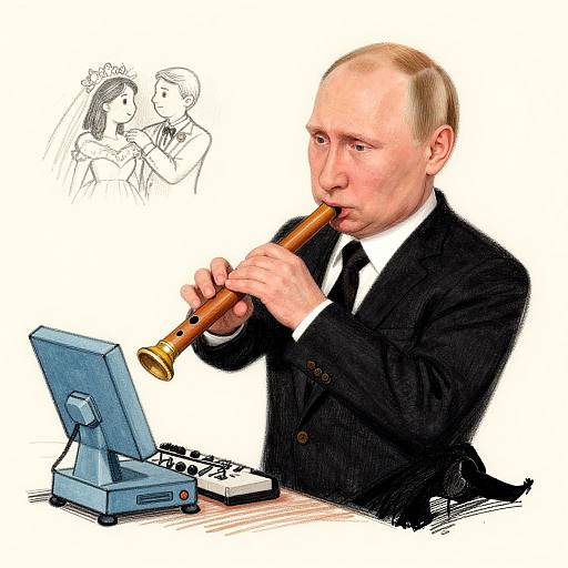 Photograph of a bald, middle-aged man in a black suit playing a wooden flute at a blue computer, with a small black-and-white sketch of