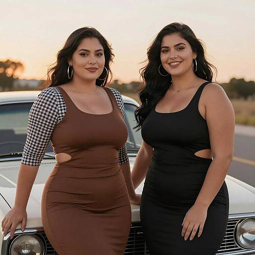 Curvy Women by Classic Car at Sunset