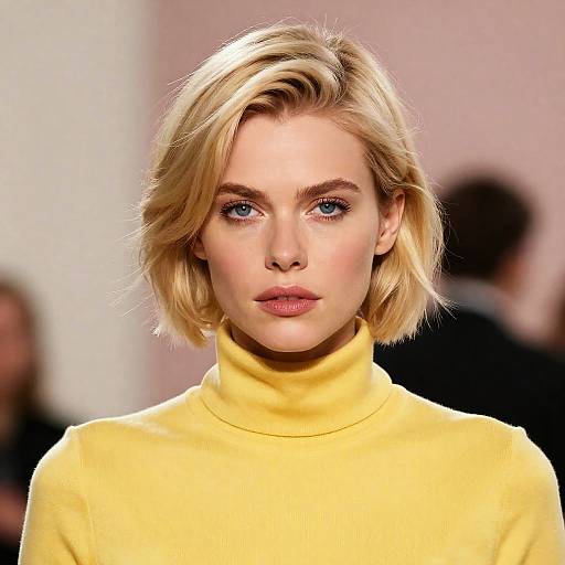 Intense Blonde Woman in Yellow Turtleneck