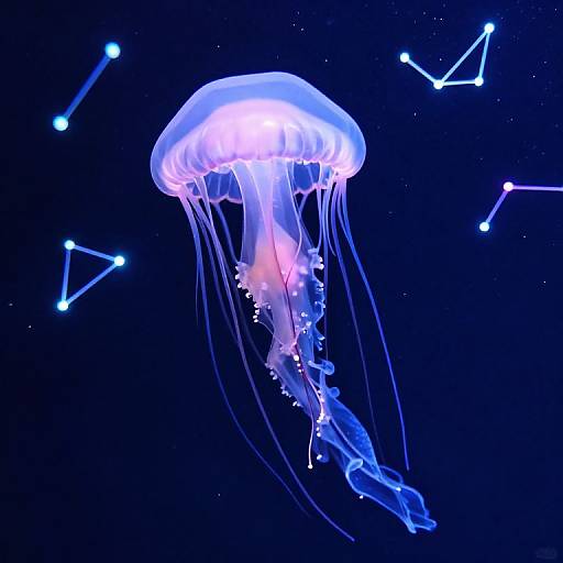 Glowing jellyfish with translucent, pink and blue-tinted bell against a dark, starry night sky, surrounded by constellation-like blue dots