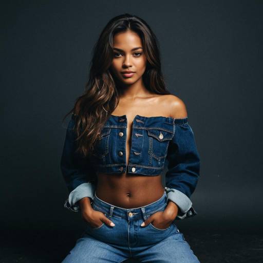 Fashionable Dark-Skinned Woman in Denim Outfit