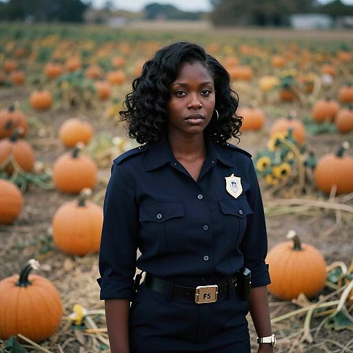 Photograph of a serious Black woman with curly hair, wearing a black uniform with a white badge, standing in a pumpkin field. Bright orange pumpkins