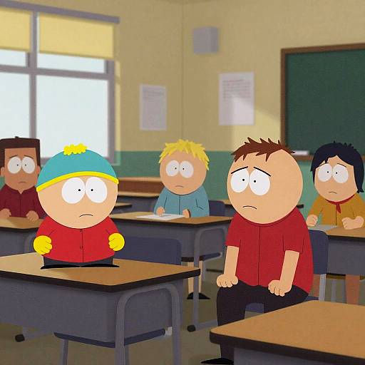 Cartoon classroom scene: four boys with large, round heads sit at desks, looking bored. Brightly colored clothes, yellow sunhat, red shirt