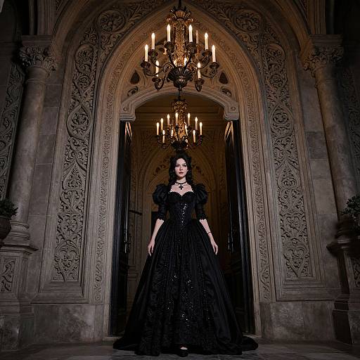 Gothic photograph of a pale woman in a black, ornate gown, standing in a grand, intricately carved, arched doorway with a