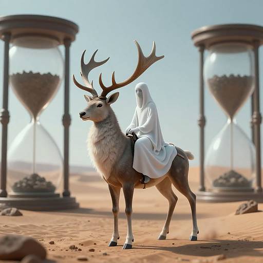 Digital art of a cloaked figure riding a reindeer with large antlers in a desert, flanked by two hourglass-like structures.
