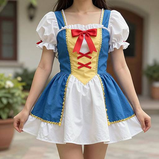 Photograph of a woman wearing a blue and yellow Disney-inspired Snow White costume with white puffed sleeves, red bow, and crisscrossed red
