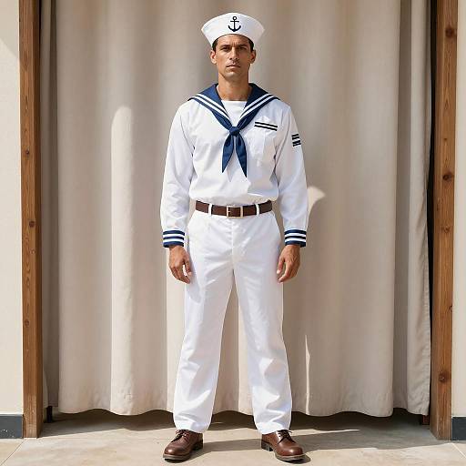 Man in White Sailor Uniform with Navy Blue Trim
