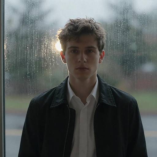 Young Man Standing by Rainy Window with Backlight