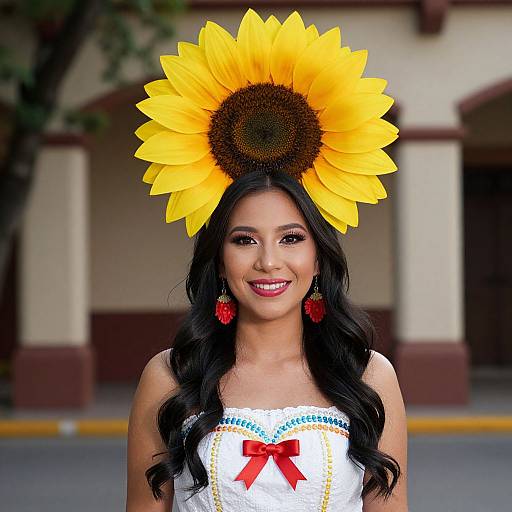 Photograph of a smiling Latina woman with long black hair, wearing a sunflower headpiece, white dress with red bow, and red earrings, standing