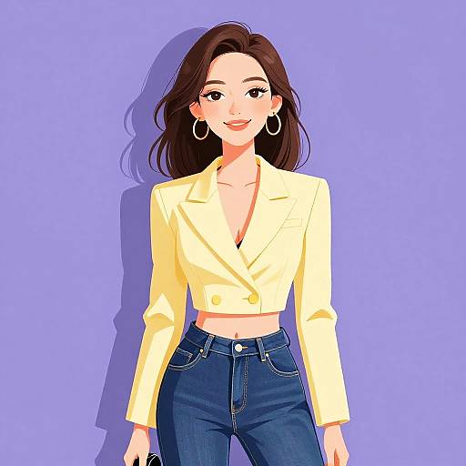 Digital anime-style drawing of a smiling woman with long brown hair, wearing a yellow blazer, blue jeans, and hoop earrings, against a purple background