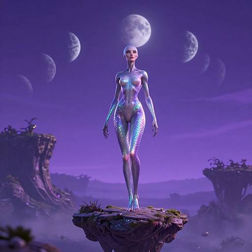 CGI image of a glowing, metallic, alien woman with a slender, humanoid physique, standing on a rocky island under a purple moonlit sky with