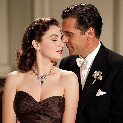 Photograph of a romantic moment: elegant woman with vintage brown hair and strapless black dress, wearing a jeweled necklace, leaning close to a handsome