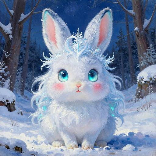 Digital art of a glowing, fluffy white rabbit with icy blue eyes and pink cheeks in a snow-covered forest at night.