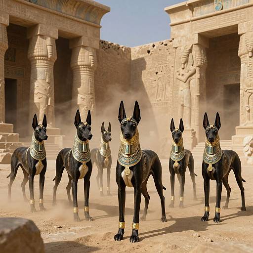 Photograph of six black Anubis-like dogs with golden jewelry, standing in a dusty ancient Egyptian temple courtyard, surrounded by tall, ornate columns